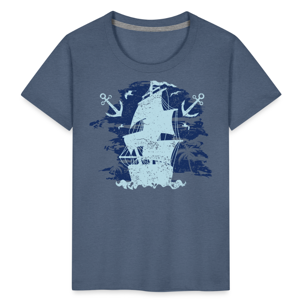 Kinder Premium T-Shirt - Schiff mit Anker - Blau meliert