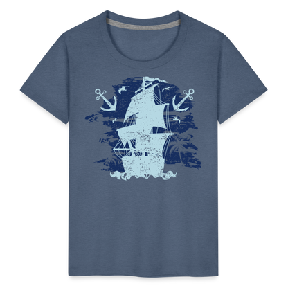 Kinder Premium T-Shirt - Schiff mit Anker - Blau meliert