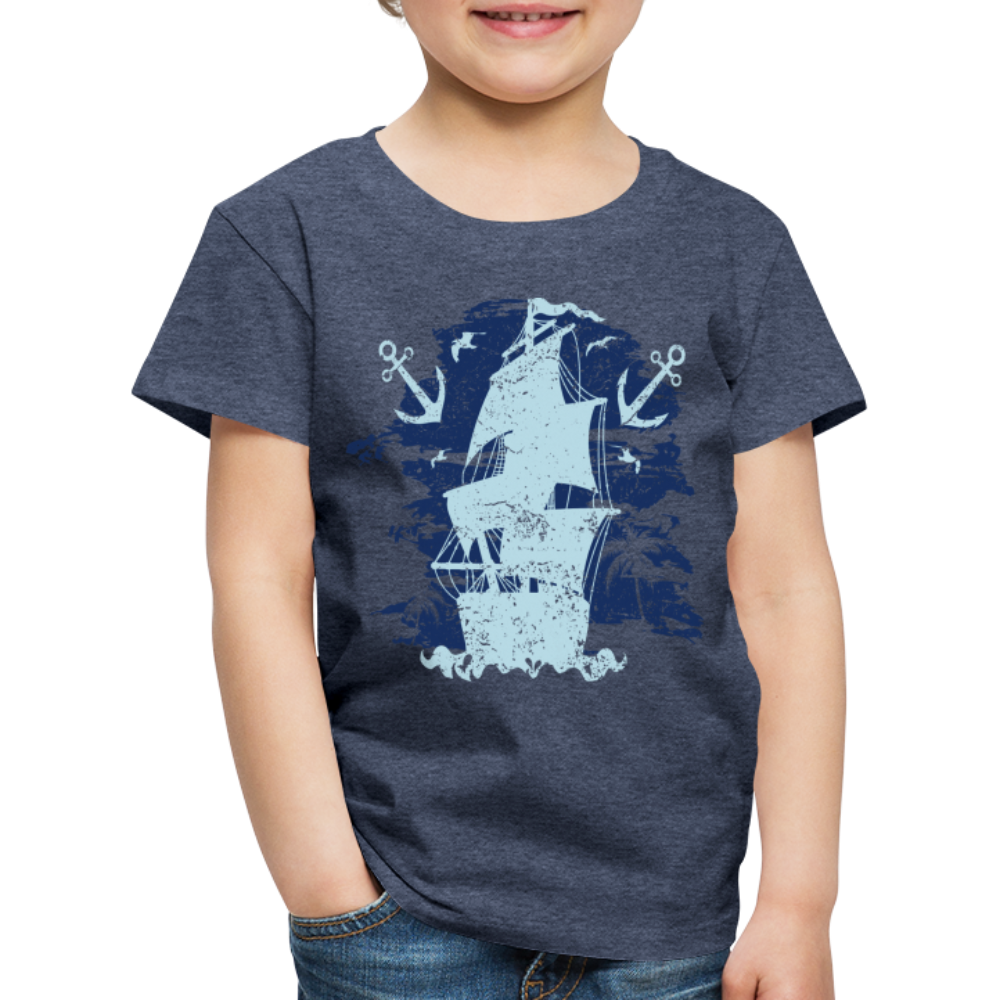 Kinder Premium T-Shirt - Schiff mit Anker - Blau meliert