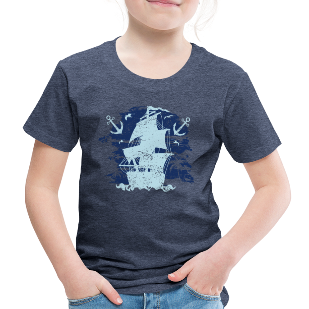 Kinder Premium T-Shirt - Schiff mit Anker - Blau meliert