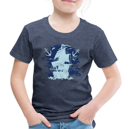 Kinder Premium T-Shirt - Schiff mit Anker - Blau meliert