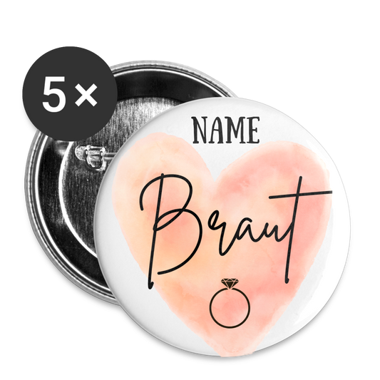 Buttons groß 56 mm (5er Pack) JGA - Braut - personalisierbar - weiß