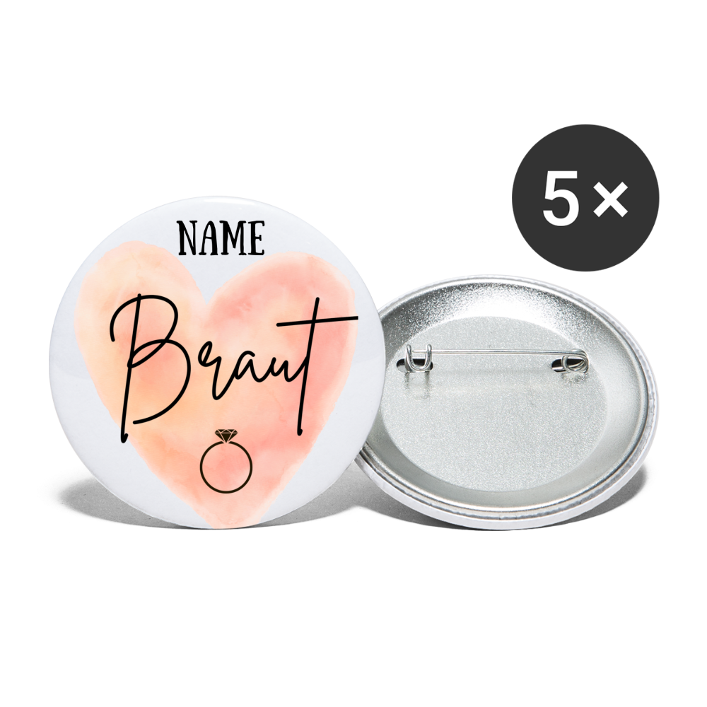 Buttons groß 56 mm (5er Pack) JGA - Braut - personalisierbar - weiß