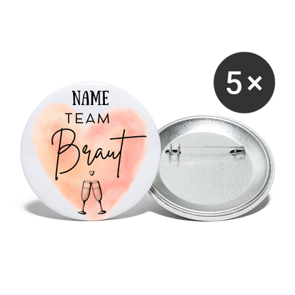 Buttons groß 56 mm (5er Pack) - JGA Team Braut - personalisierbar - weiß