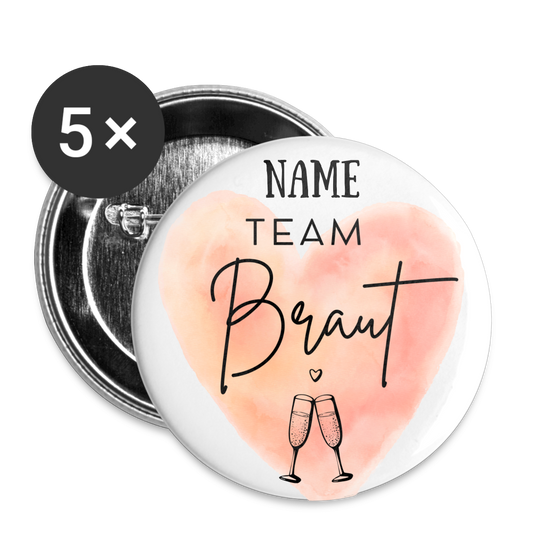 Buttons groß 56 mm (5er Pack) - JGA Team Braut - personalisierbar - weiß