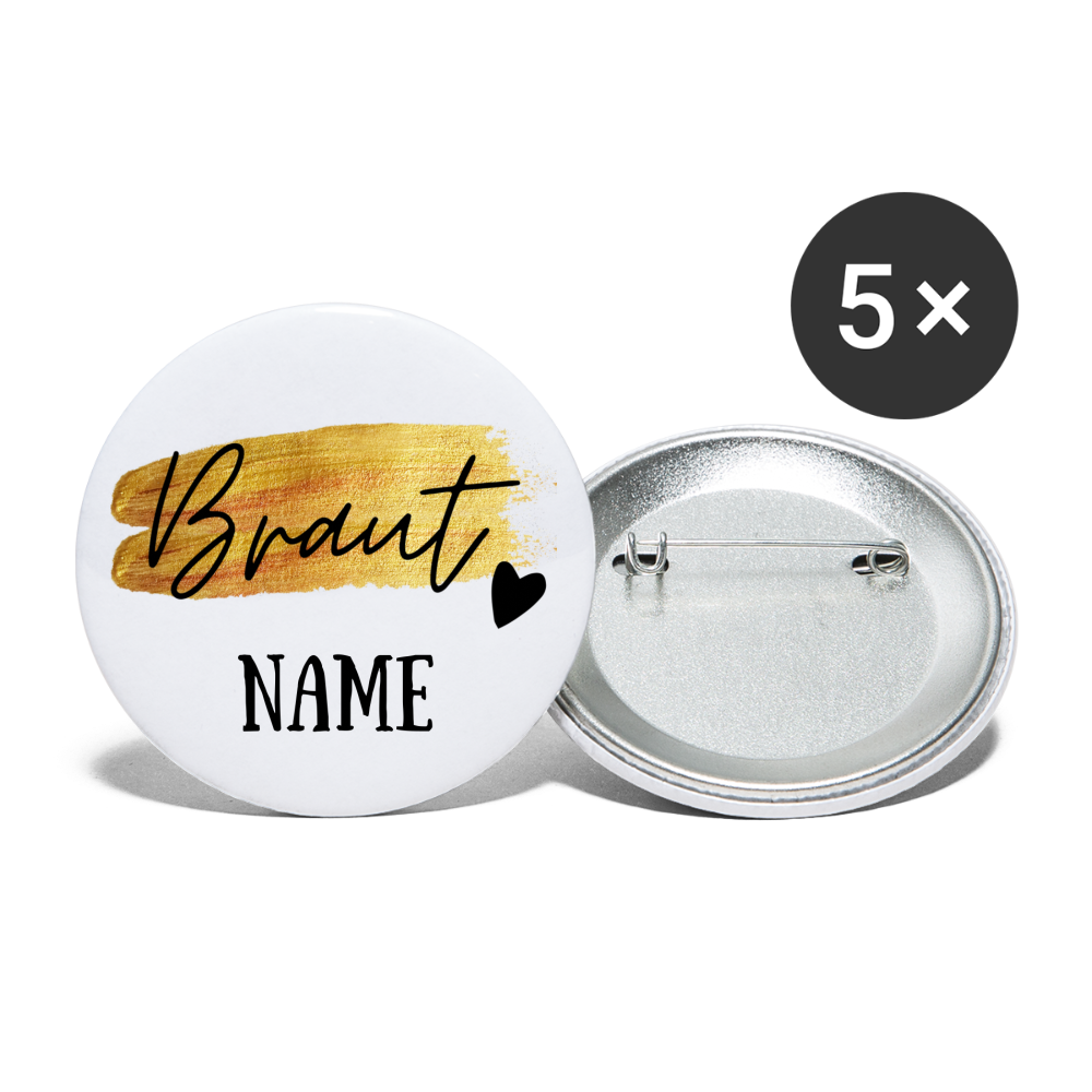 JGA Buttons Braut - personalisierbar groß 56 mm (5er Pack) - weiß