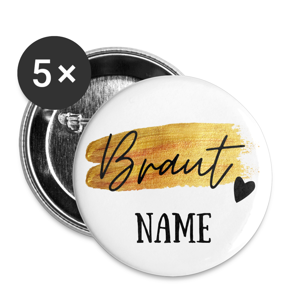 JGA Buttons Braut - personalisierbar groß 56 mm (5er Pack) - weiß