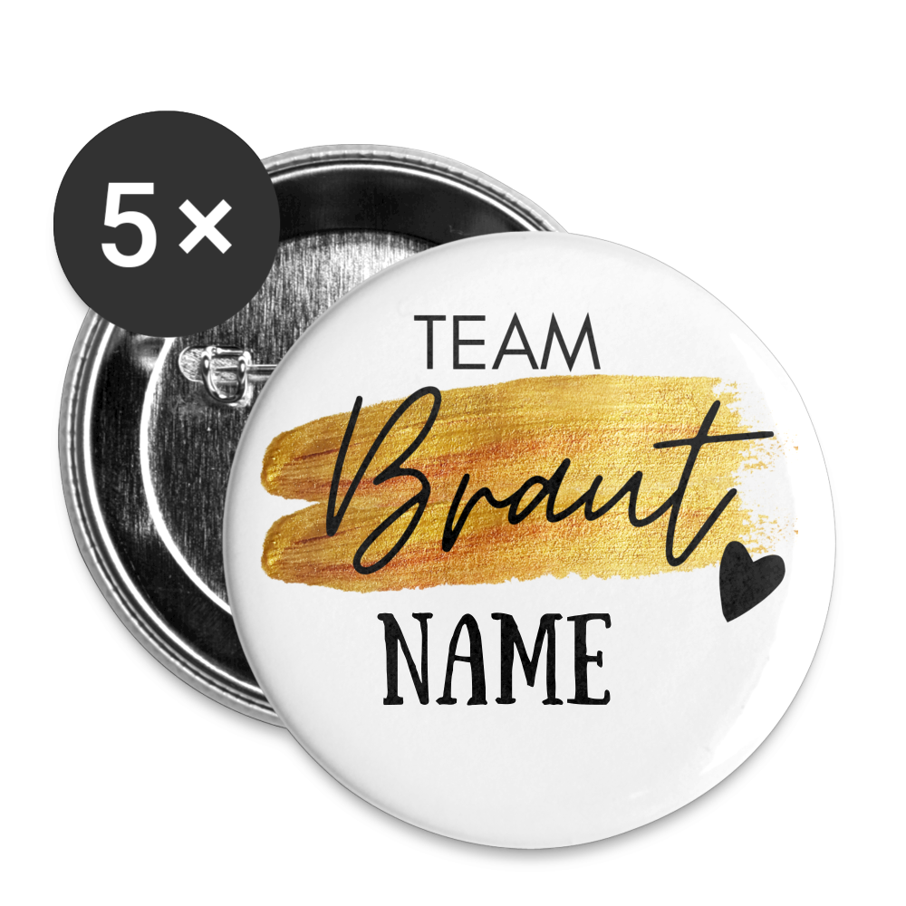 Team Braut JGA Buttons groß 56 mm (5er Pack) - personalisierbar - weiß