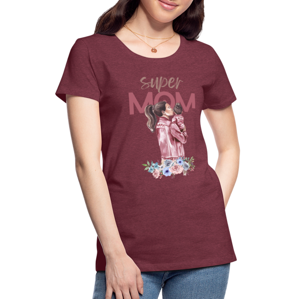 Frauen Premium T-Shirt - Super Mom Floral - Bordeauxrot meliert