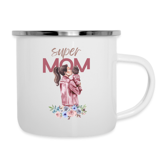 Emaille-Tasse - Super Mom Floral - weiß