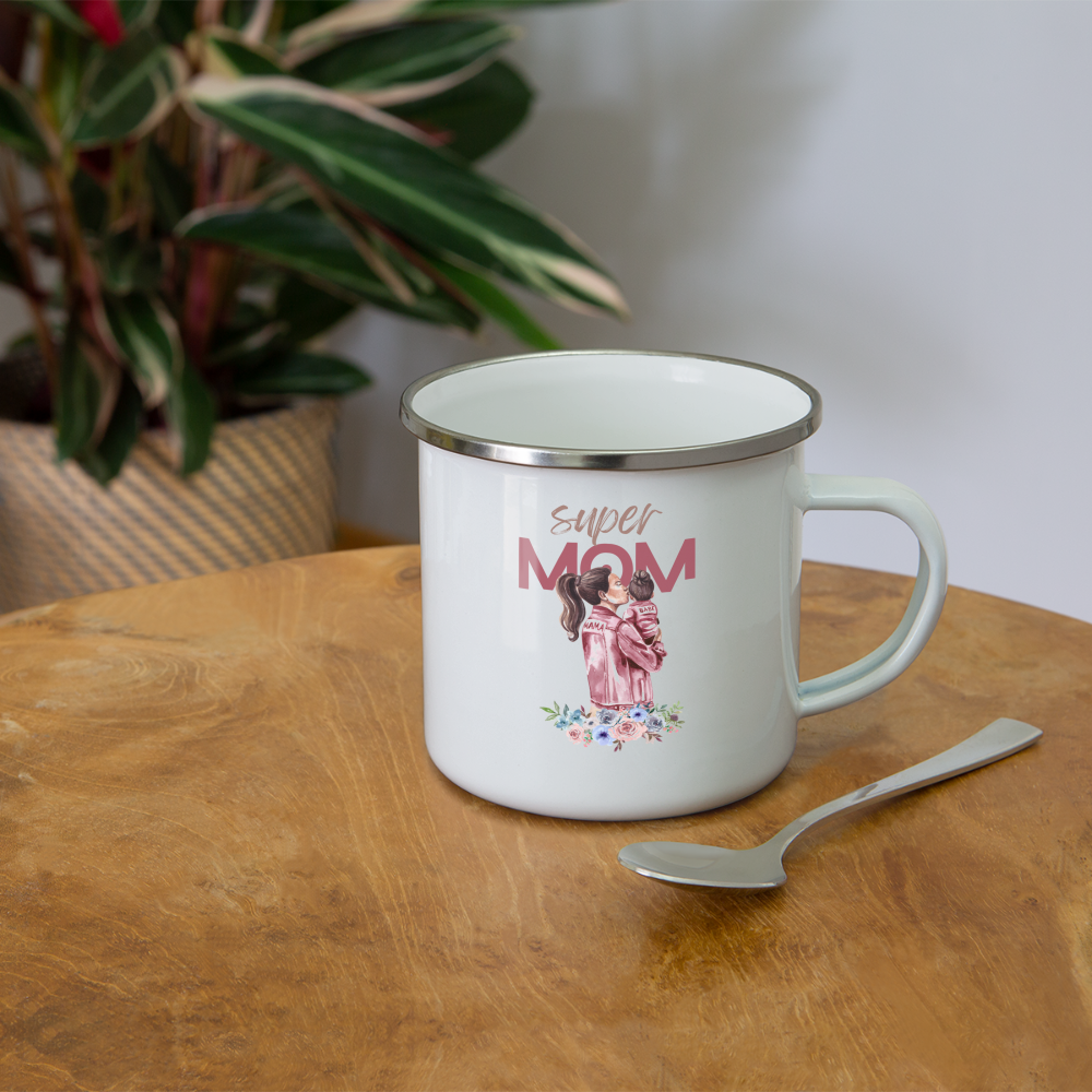 Emaille-Tasse - Super Mom Floral - weiß