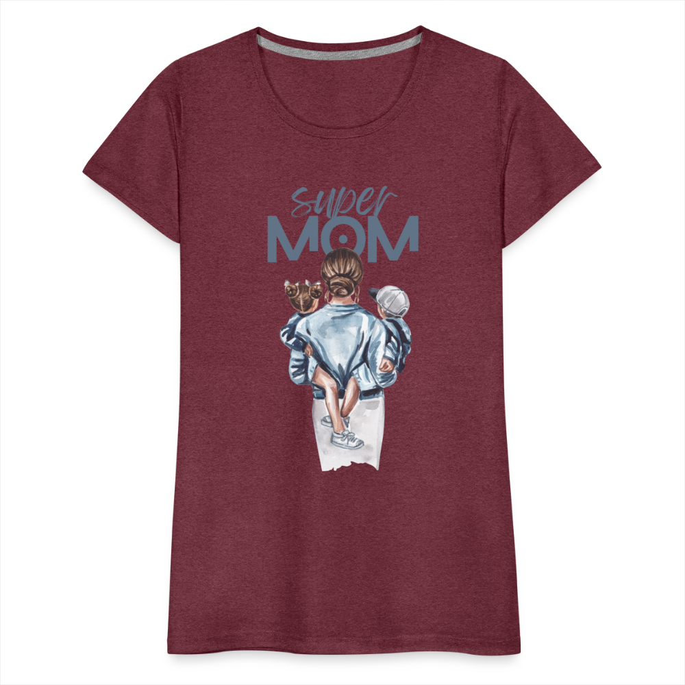 Frauen Premium T-Shirt - Super MOM Mutter mit 2 Kindern - Bordeauxrot meliert