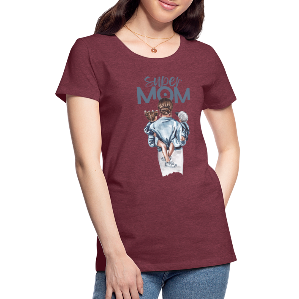 Frauen Premium T-Shirt - Super MOM Mutter mit 2 Kindern - Bordeauxrot meliert